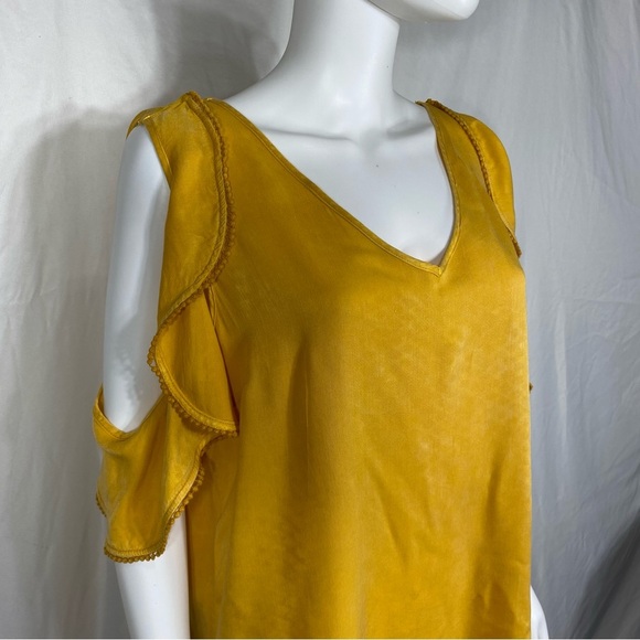 Umgee Mustard Yellow Ruffle, Pom Trim Edge Cold Shoulder Blouse - Picture 2 of 6